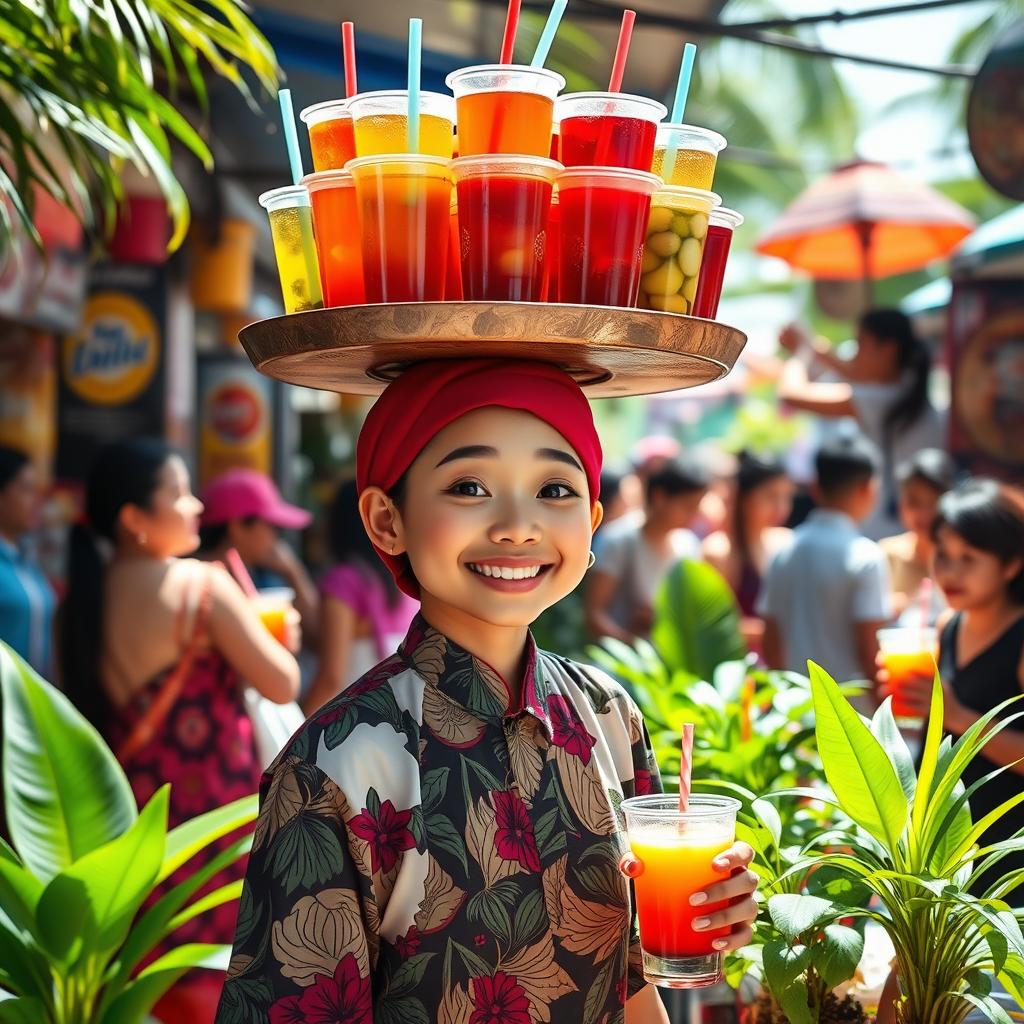 A whimsical and vibrant scene featuring a refreshing ice tea vendor balancing a large tray of colorful iced tea cups on their head