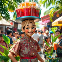 A whimsical and vibrant scene featuring a refreshing ice tea vendor balancing a large tray of colorful iced tea cups on their head