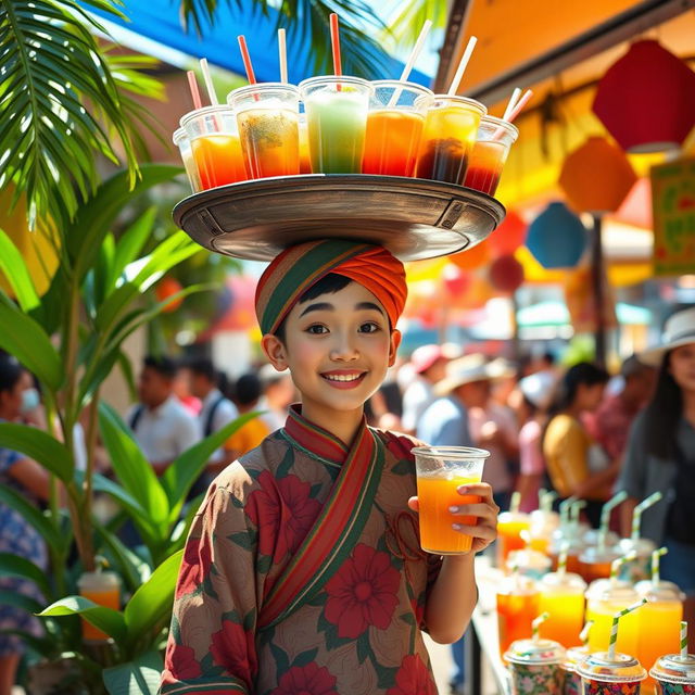 A whimsical and vibrant scene featuring a refreshing ice tea vendor balancing a large tray of colorful iced tea cups on their head