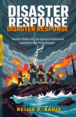 A striking and impactful book cover design focused on disaster response, featuring a bold, stylized illustration of emergency responders in action, helping victims in a natural disaster scenario