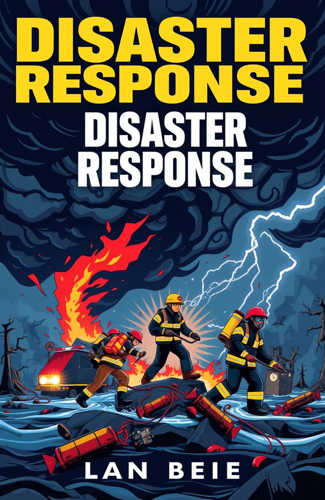 A striking and impactful book cover design focused on disaster response, featuring a bold, stylized illustration of emergency responders in action, helping victims in a natural disaster scenario