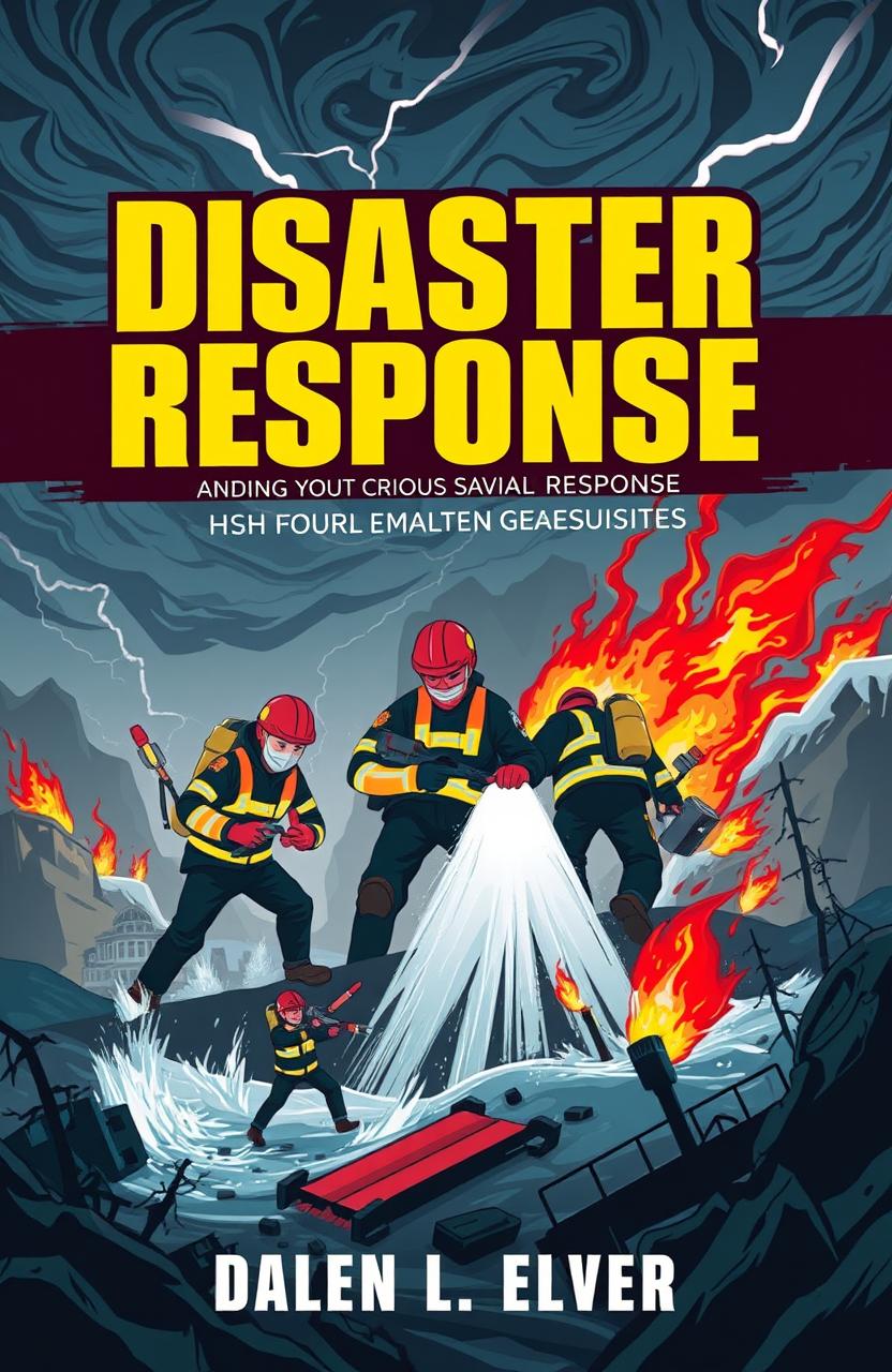 A striking and impactful book cover design focused on disaster response, featuring a bold, stylized illustration of emergency responders in action, helping victims in a natural disaster scenario