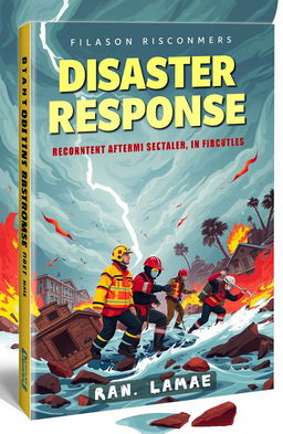 A striking and impactful book cover design focused on disaster response, featuring a bold, stylized illustration of emergency responders in action, helping victims in a natural disaster scenario