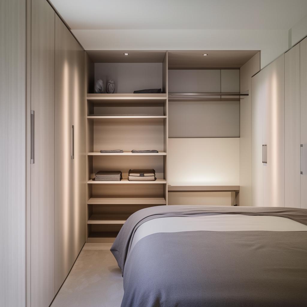 Modern bedroom featuring a comfortable bed, stylish wardrobes and a wall-mounted TV.