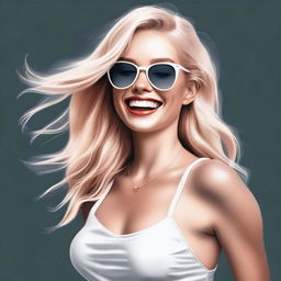 A highly detailed, realistic digital painting features a blonde Instagram model with her head thrown back in laughter