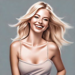 A highly detailed, realistic digital painting features a blonde Instagram model with her head thrown back in laughter