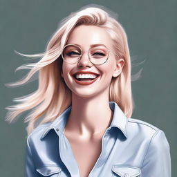 A highly detailed, realistic digital painting features a blonde Instagram model with her head thrown back in laughter