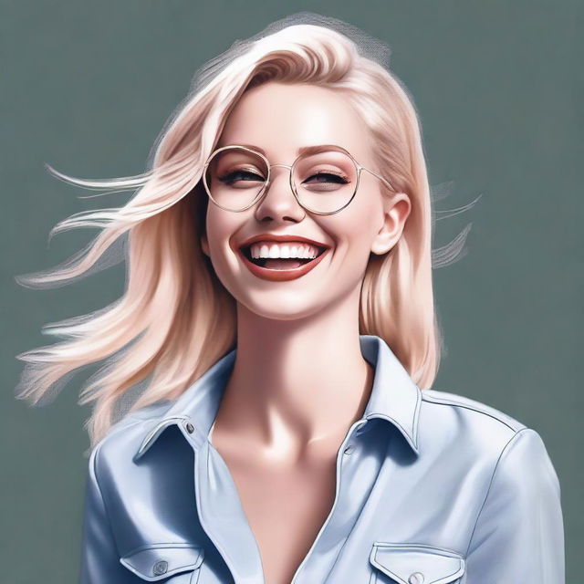 A highly detailed, realistic digital painting features a blonde Instagram model with her head thrown back in laughter