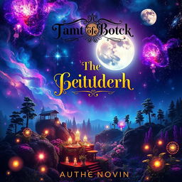 A stunning fantasy book cover featuring a vibrant galaxy light shining down on a mystical landscape