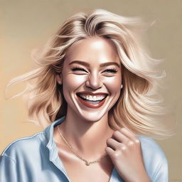 A highly detailed, realistic digital painting features a blonde Instagram model with her head thrown back in laughter