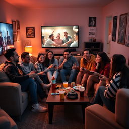 A cozy social gathering at home, featuring a diverse group of friends enjoying each other's company
