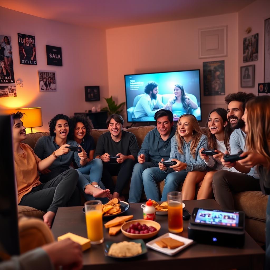 A cozy social gathering at home, featuring a diverse group of friends enjoying each other's company