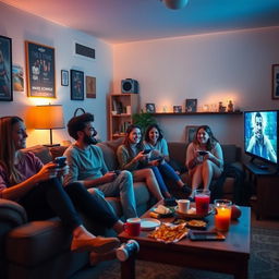 A cozy social gathering at home, featuring a diverse group of friends enjoying each other's company