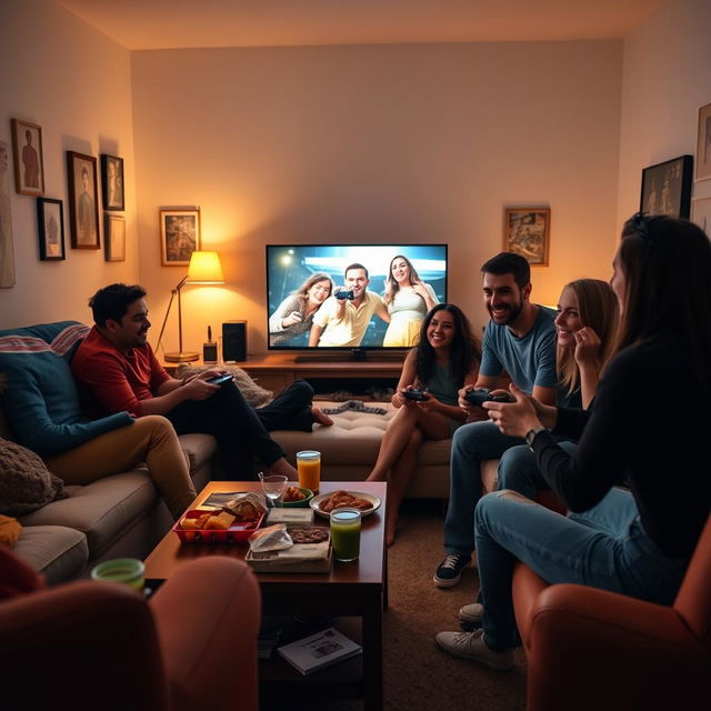 A cozy social gathering at home, featuring a diverse group of friends enjoying each other's company