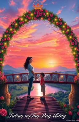 A romantic bridge scene titled 'Tulay ng Pag-ibig', beautifully illustrating a vibrant sunset casting a warm glow over a picturesque landscape