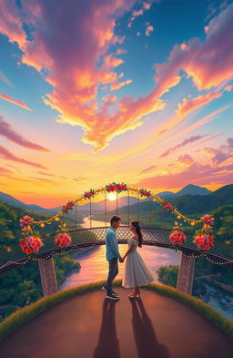 A romantic bridge scene titled 'Tulay ng Pag-ibig', beautifully illustrating a vibrant sunset casting a warm glow over a picturesque landscape