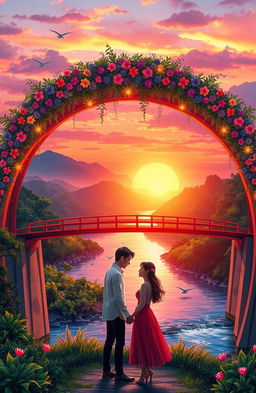 A romantic bridge scene titled 'Tulay ng Pag-ibig', beautifully illustrating a vibrant sunset casting a warm glow over a picturesque landscape