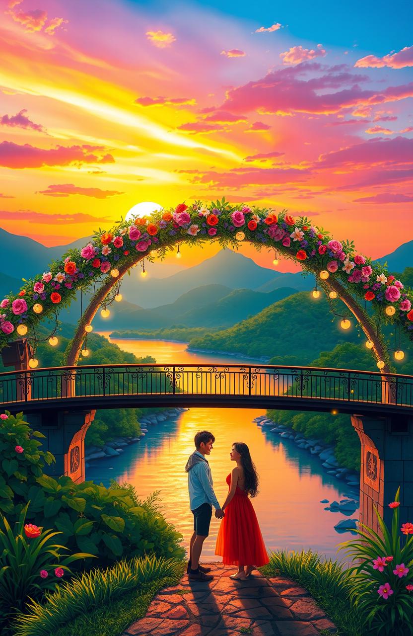A romantic bridge scene titled 'Tulay ng Pag-ibig', beautifully illustrating a vibrant sunset casting a warm glow over a picturesque landscape