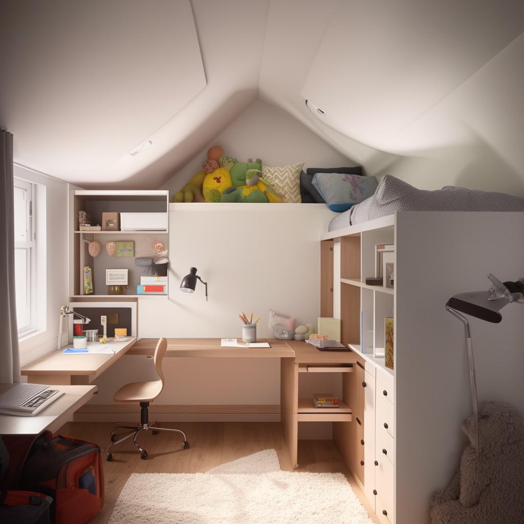 Design a cool and spacious 12*20 student's bedroom, including affordable elements. The design should include a comfortable bed, an organized study area, ample storage spaces, and a warm, inviting atmosphere.