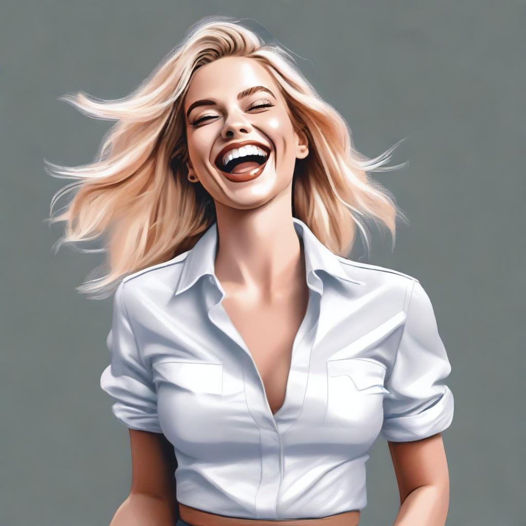 A realistic, high-quality digital painting features a blonde Instagram model with her head thrown back in laughter