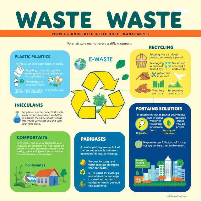 Create a vibrant and informative poster design that visually highlights different types of waste like plastics, organic waste, and e-waste through engaging illustrations