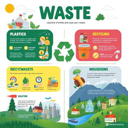 Create a vibrant and informative poster design that visually highlights different types of waste like plastics, organic waste, and e-waste through engaging illustrations