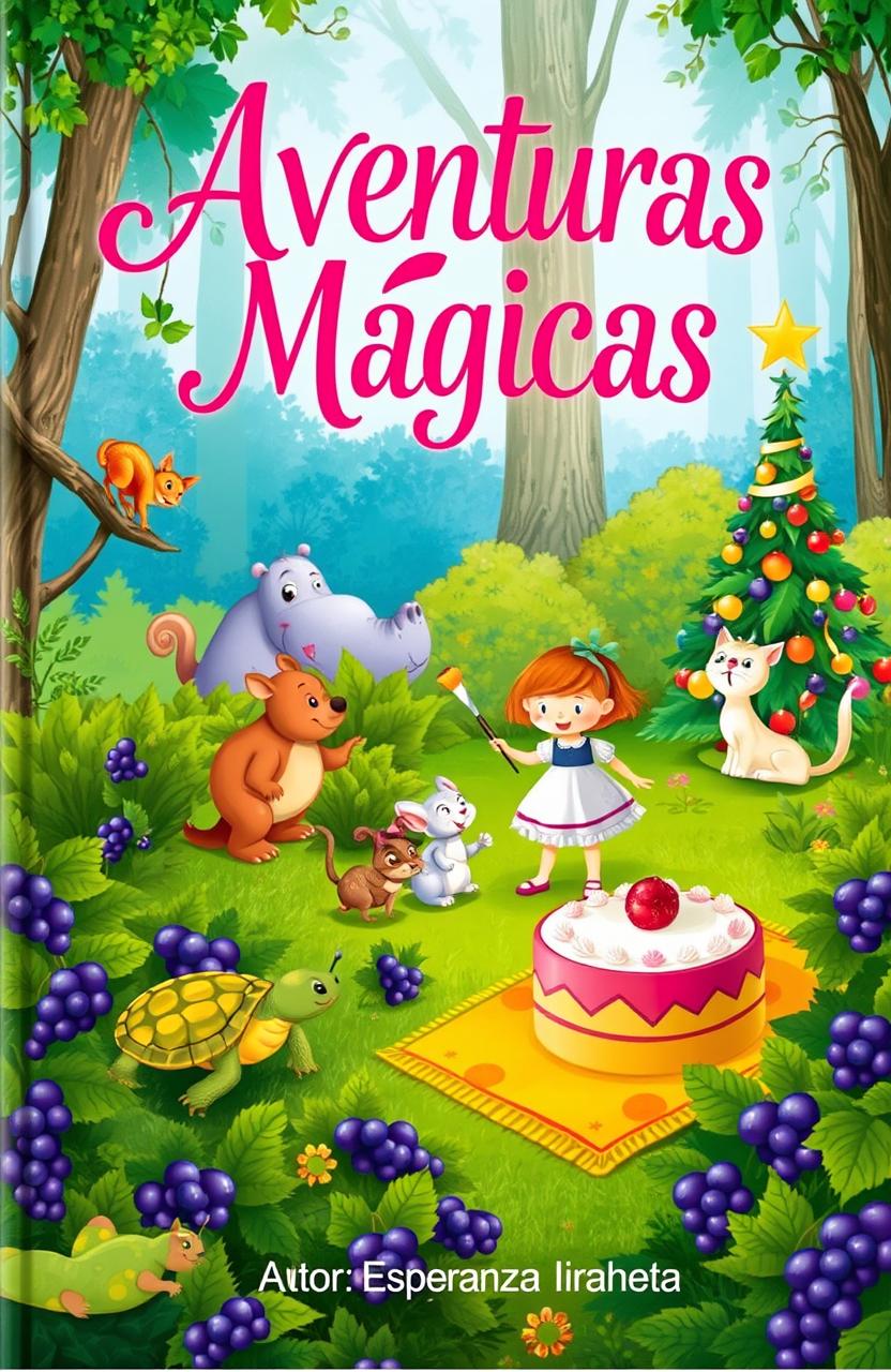 A whimsical book cover illustration featuring a vibrant forest scene full of life