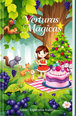 A whimsical book cover illustration featuring a vibrant forest scene full of life