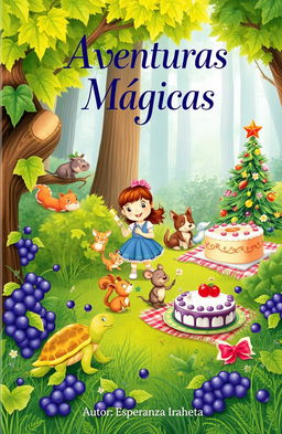 A whimsical book cover illustration featuring a vibrant forest scene full of life