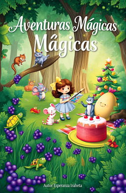 A whimsical book cover illustration featuring a vibrant forest scene full of life