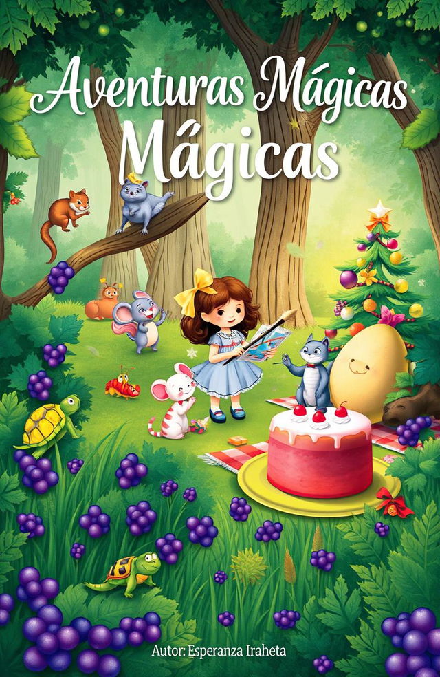 A whimsical book cover illustration featuring a vibrant forest scene full of life