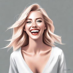 A realistic, high-quality digital painting features a blonde Instagram model with her head thrown back in laughter