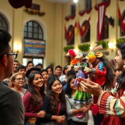 A vibrant scene of puppet theater being performed at Universidad César Vallejo, filled with colorful, handcrafted puppets and an engaging stage setup