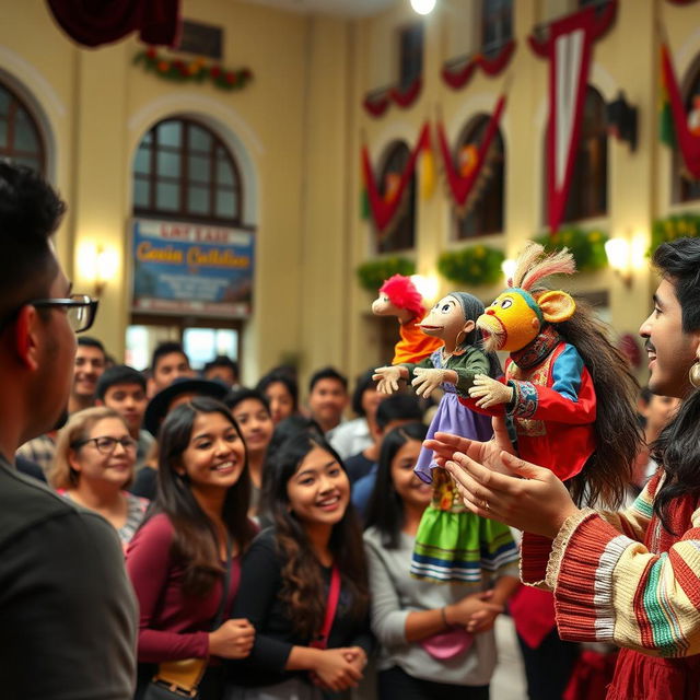 A vibrant scene of puppet theater being performed at Universidad César Vallejo, filled with colorful, handcrafted puppets and an engaging stage setup