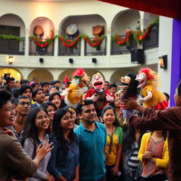 A vibrant scene of puppet theater being performed at Universidad César Vallejo, filled with colorful, handcrafted puppets and an engaging stage setup