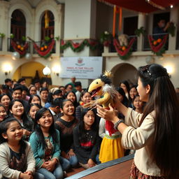 A vibrant scene of puppet theater being performed at Universidad César Vallejo, filled with colorful, handcrafted puppets and an engaging stage setup