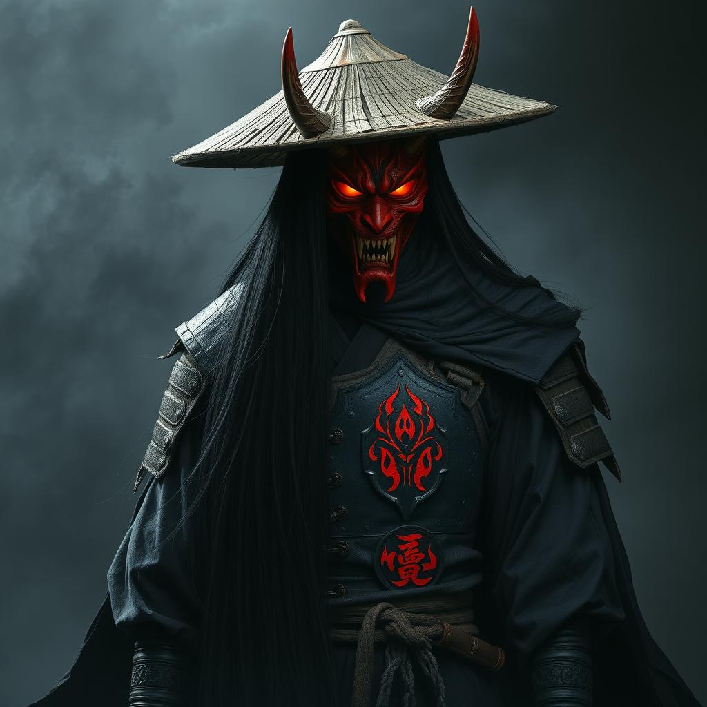 A shadowy figure named Kenji Hittori with long, flowing black hair reaching his waist, wearing a weathered straw hat and a striking red Oni mask featuring curved horns and glowing, fiery eyes