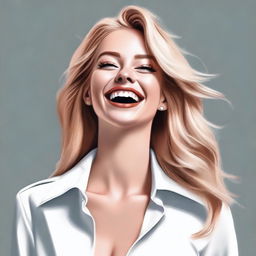 A realistic, high-quality digital painting features a blonde Instagram model with her head thrown back in laughter