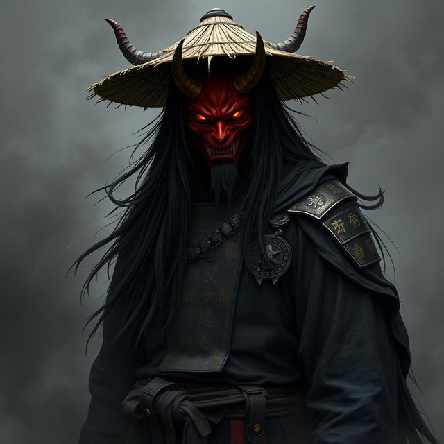 A shadowy figure named Kenji Hittori with long, flowing black hair reaching his waist, wearing a weathered straw hat and a striking red Oni mask featuring curved horns and glowing, fiery eyes