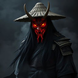 A shadowy figure named Kenji Hittori with long, flowing black hair reaching his waist, wearing a weathered straw hat and a striking red Oni mask featuring curved horns and glowing, fiery eyes