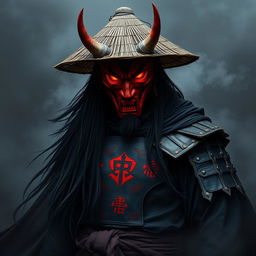 A shadowy figure named Kenji Hittori with long, flowing black hair reaching his waist, wearing a weathered straw hat and a striking red Oni mask featuring curved horns and glowing, fiery eyes