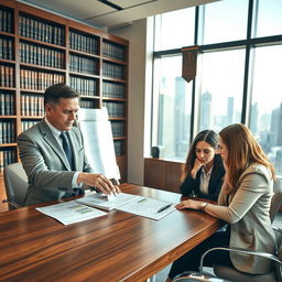 A professional and modern law firm office setting, featuring a well-dressed attorney discussing bankruptcy law with clients