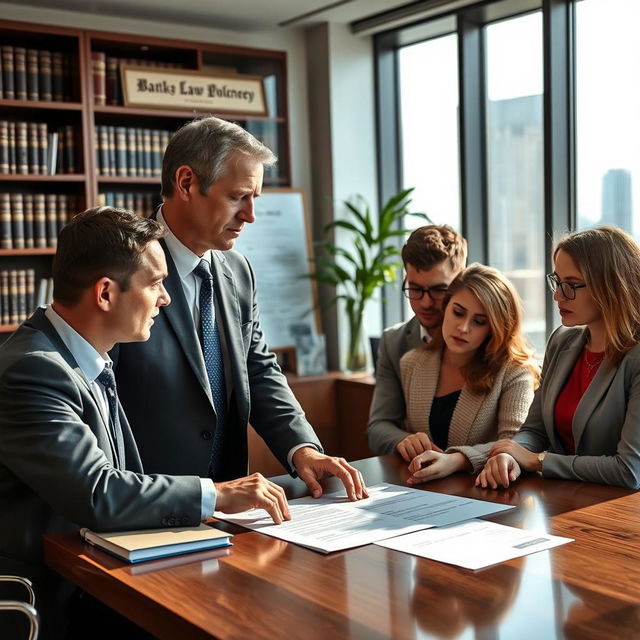 A professional and modern law firm office setting, featuring a well-dressed attorney discussing bankruptcy law with clients