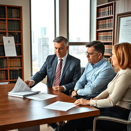 A professional and modern law firm office setting, featuring a well-dressed attorney discussing bankruptcy law with clients