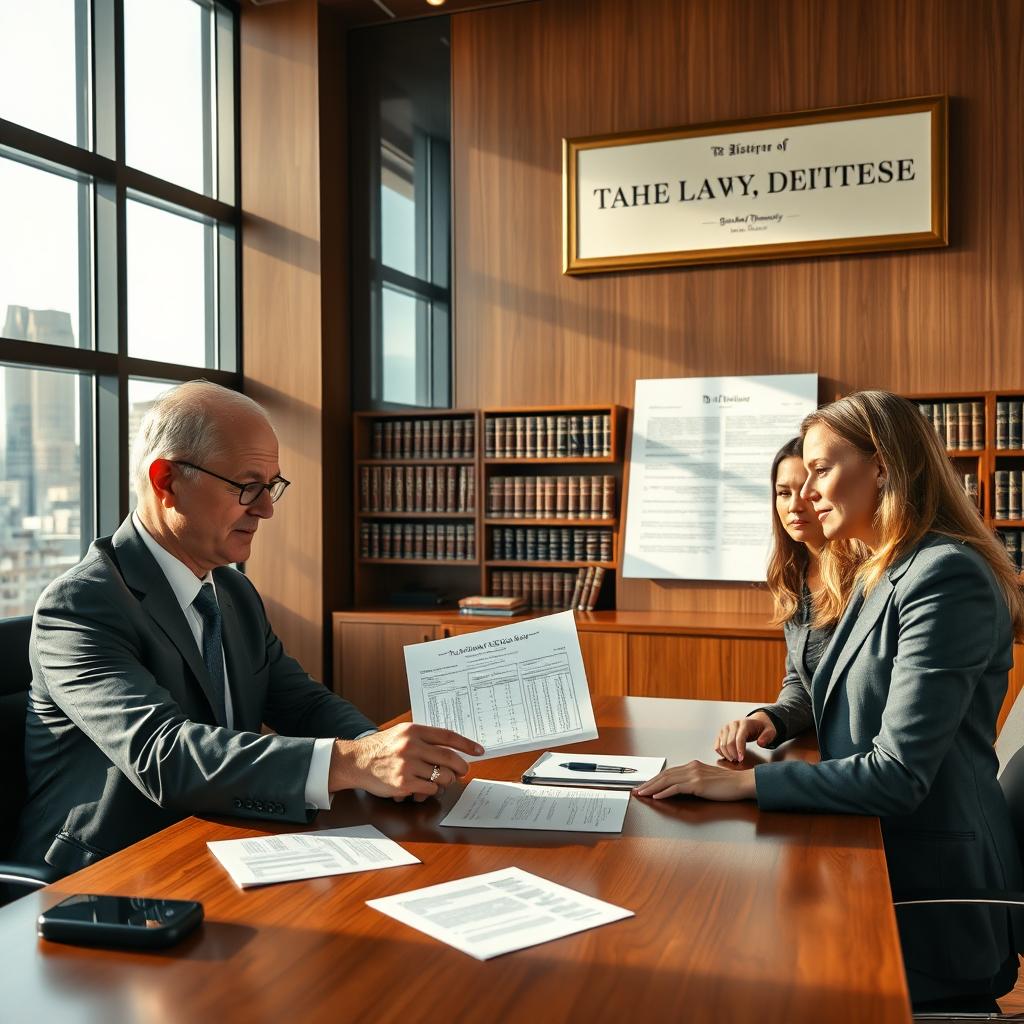 A professional and modern law firm office setting, featuring a well-dressed attorney discussing bankruptcy law with clients