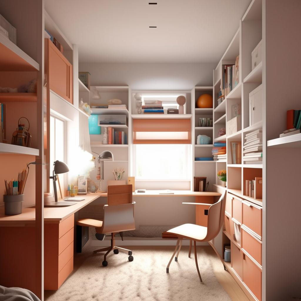 Design a cool and spacious 12*20 student's bedroom, including affordable elements. The design should include a comfortable bed, an organized study area, ample storage spaces, and a warm, inviting atmosphere.