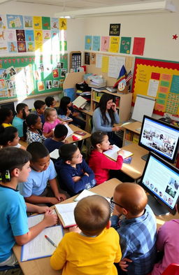 A vibrant classroom scene filled with diverse fourth-grade students engaged in critical reading activities using multimodal strategies