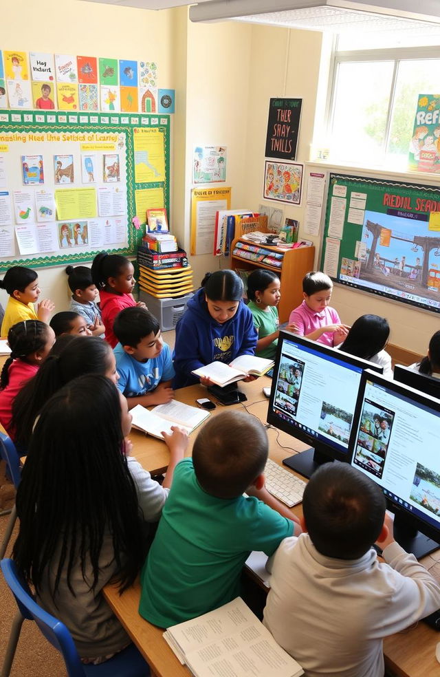 A vibrant classroom scene filled with diverse fourth-grade students engaged in critical reading activities using multimodal strategies