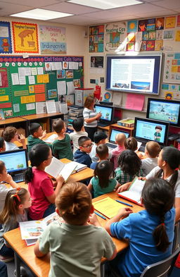 A vibrant classroom scene filled with diverse fourth-grade students engaged in critical reading activities using multimodal strategies