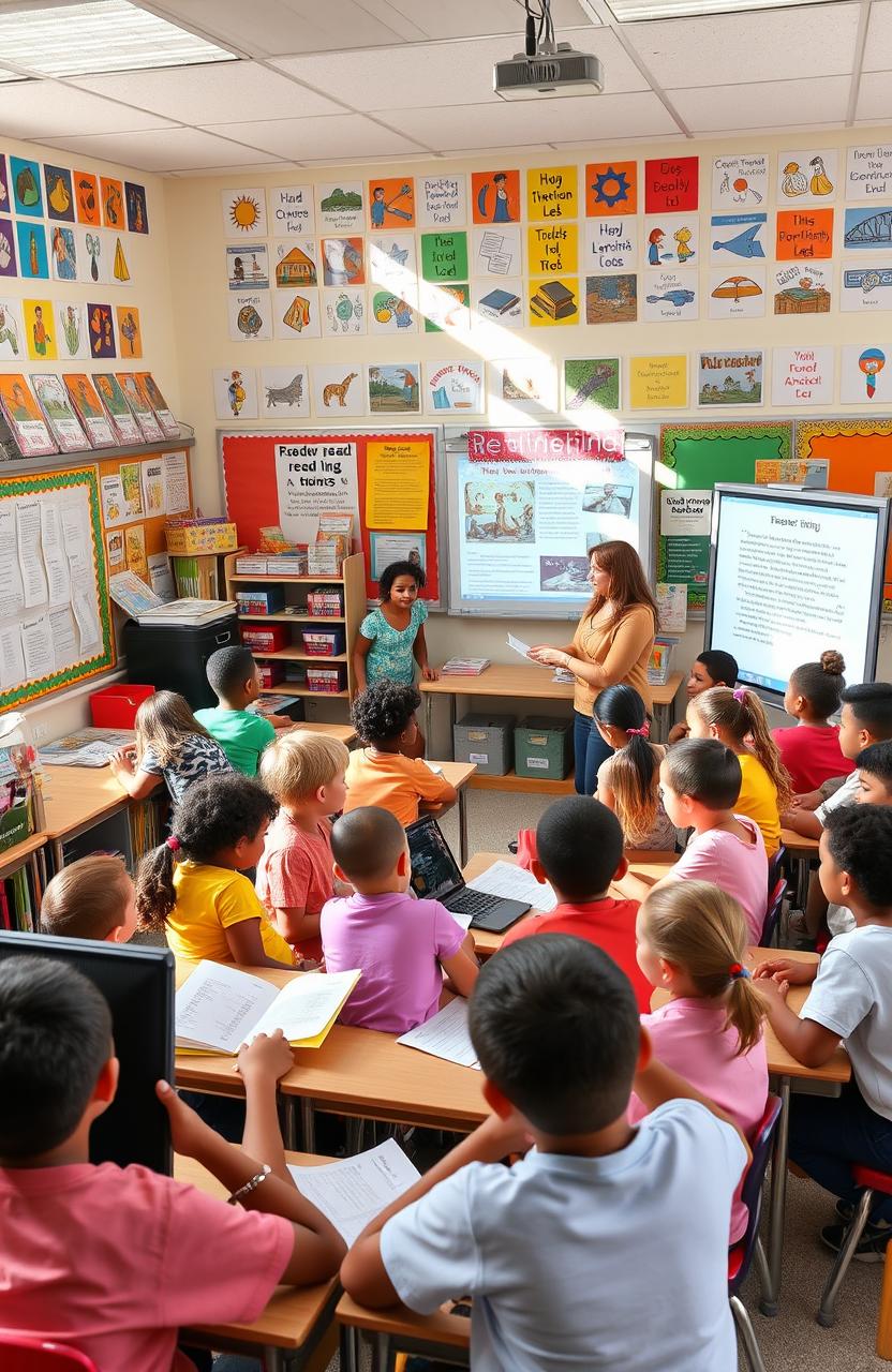 A vibrant classroom scene filled with diverse fourth-grade students engaged in critical reading activities using multimodal strategies